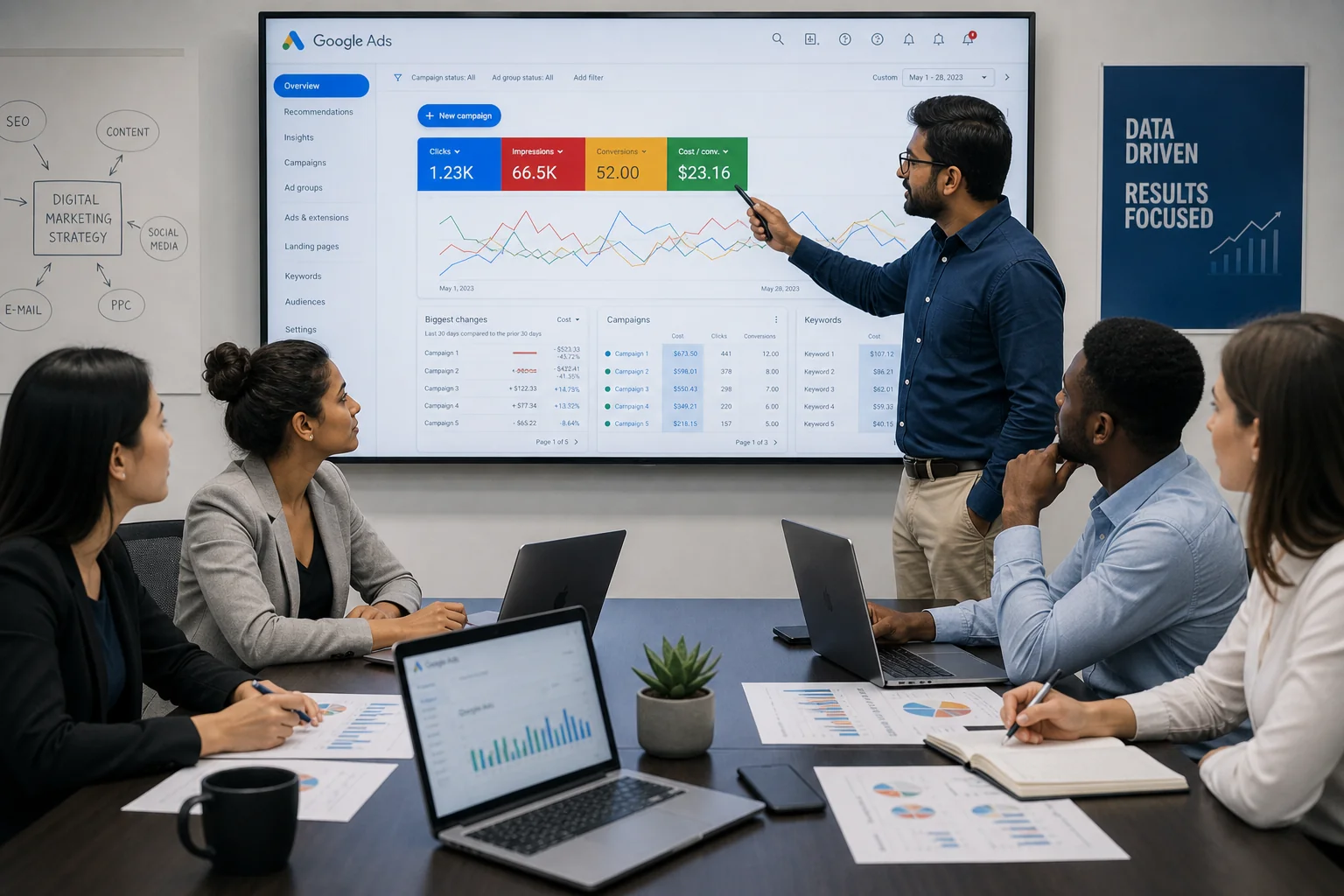 A diverse team collaborates in a modern office, discussing Google Ads strategies at a conference table with laptops and chart