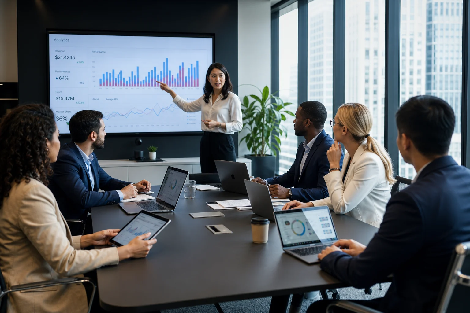 Diverse team in a modern office collaborates over data analytics, fostering innovation and strategic decision-making in natur
