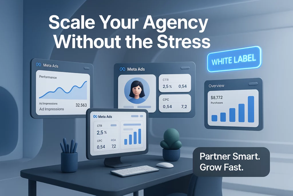 White Label Facebook Advertising Agency scaling concept with Meta Ads dashboard