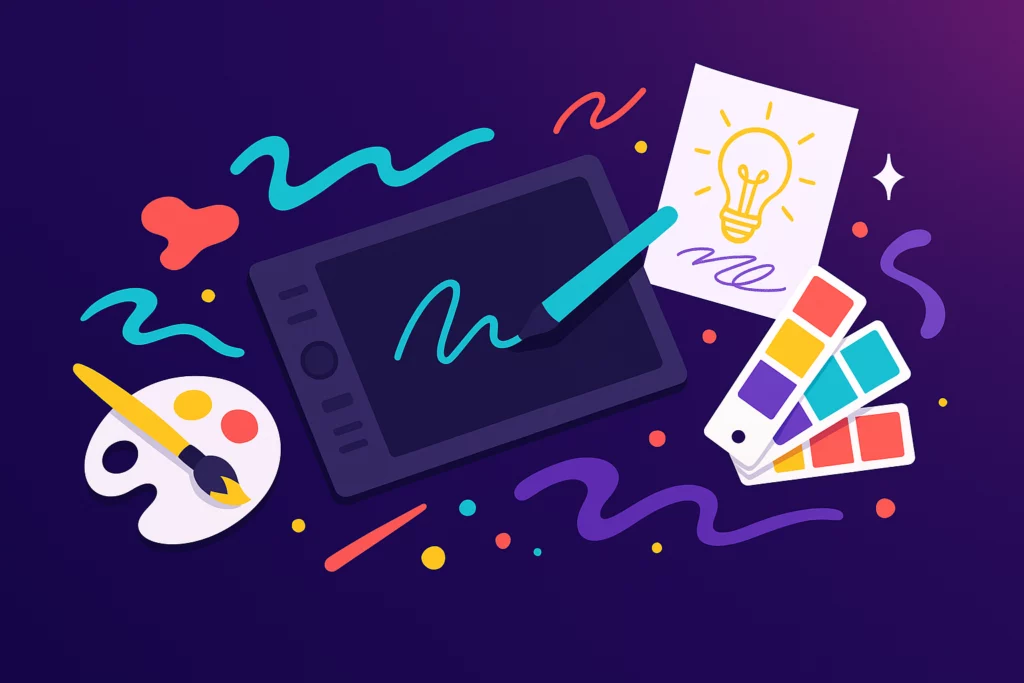 White Label Graphic Design Agency workspace illustration with digital tablet, color swatches, artistic sketches, and abstract shapes on a dark purple gradient background, designed to highlight blog titles.
