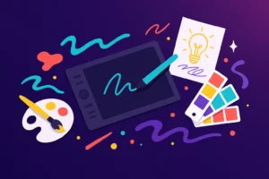 White Label Graphic Design Agency workspace illustration with digital tablet, color swatches, artistic sketches, and abstract shapes on a dark purple gradient background, designed to highlight blog titles.