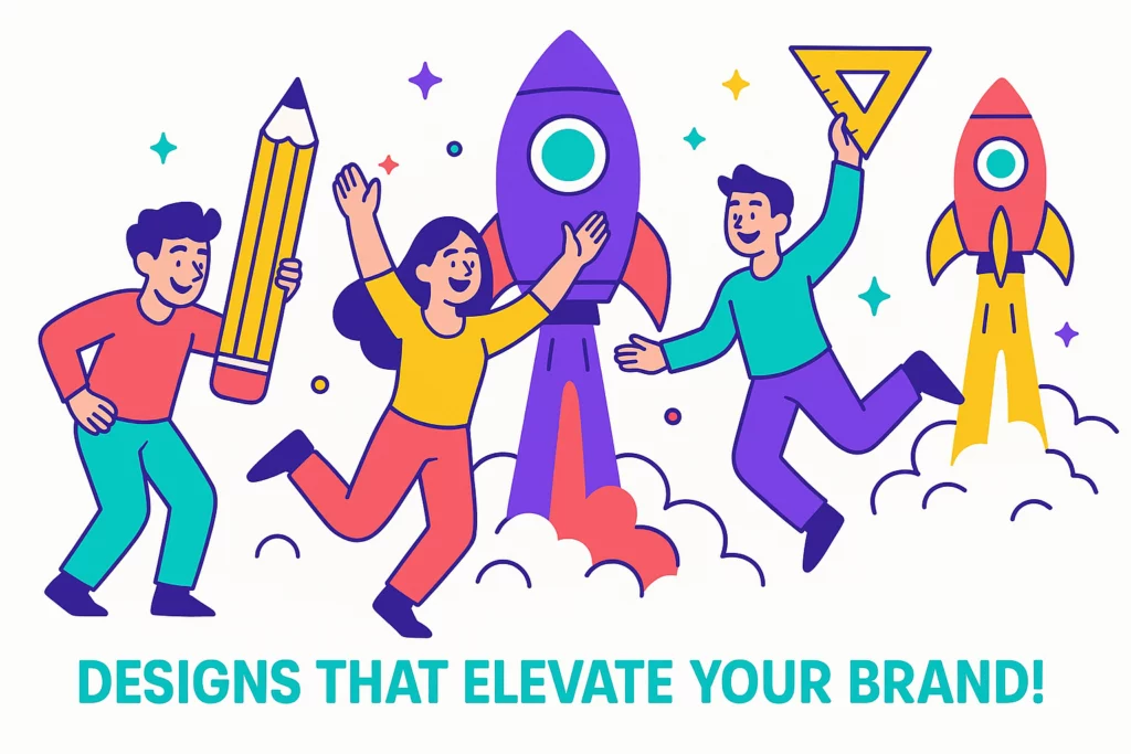 White Label Graphic Design Agency concept with playful designers launching vibrant rockets, symbolizing growth and scalability. Includes slogan: 'Designs That Elevate Your Brand!