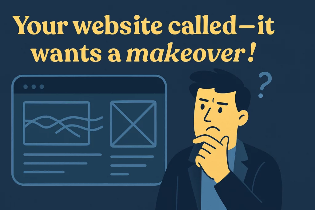 Humorous flat design illustration of a confused entrepreneur looking at a messy website layout, with the playful caption 'Your website called—it wants a makeover!' on a dark blue background.