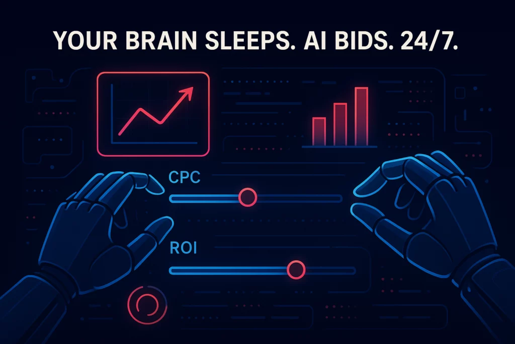 Robotic hands adjusting CPC and ROI sliders, visualizing how Google AI helps marketers maximize search ad performance via automated bidding