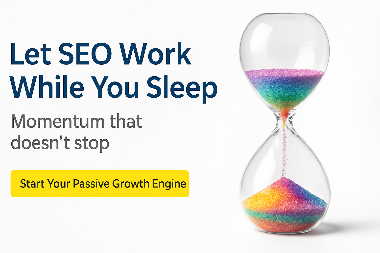 Realistic hourglass with colorful sand symbolizing ongoing SEO momentum, accompanied by bold text reading 'Let SEO Work While You Sleep' in navy blue, 'Momentum that doesn’t stop' in gray, and a bright yellow call-to-action button stating 'Start Your Passive Growth Engine' — all set against a clean white background.