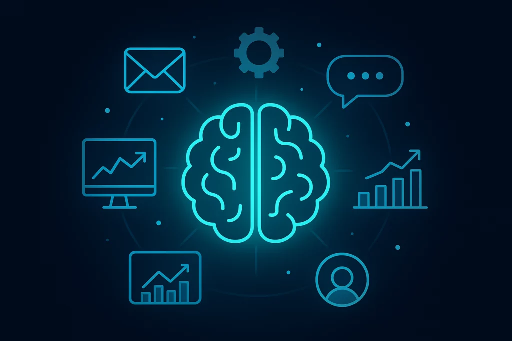 Glowing digital brain surrounded by icons representing email, chat, analytics, and automation on a dark background.