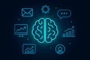 Glowing digital brain surrounded by icons representing email, chat, analytics, and automation on a dark background.