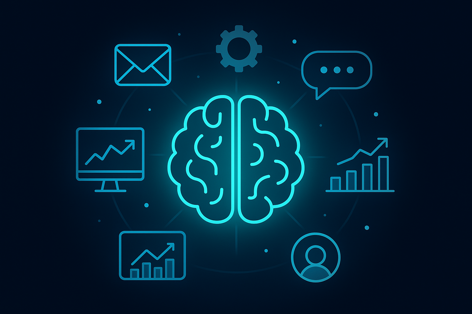 Glowing digital brain surrounded by icons representing email, chat, analytics, and automation on a dark background.
