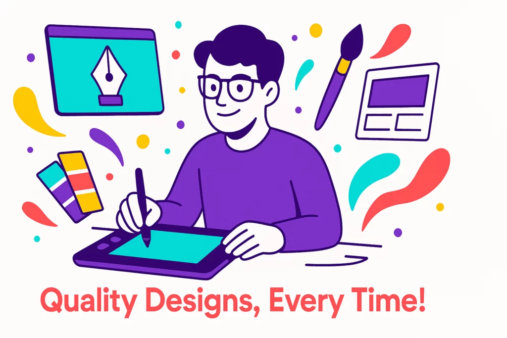 White Label Graphic Design Agency concept with designer at tablet and slogan: 'Quality Designs, Every Time!