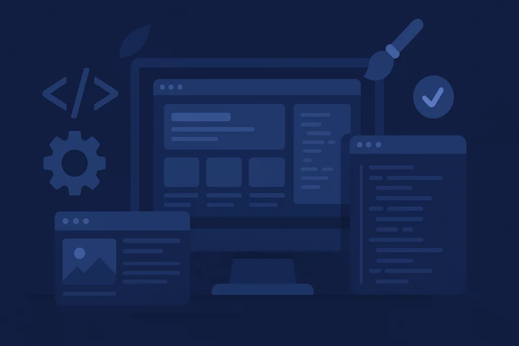 Flat design illustration of web design and coding elements on a dark blue background, showing a computer monitor with code, browser windows, and design icons, representing a professional web development environment without any text.