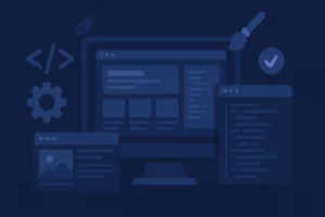 Flat design illustration of web design and coding elements on a dark blue background, showing a computer monitor with code, browser windows, and design icons, representing a professional web development environment without any text.