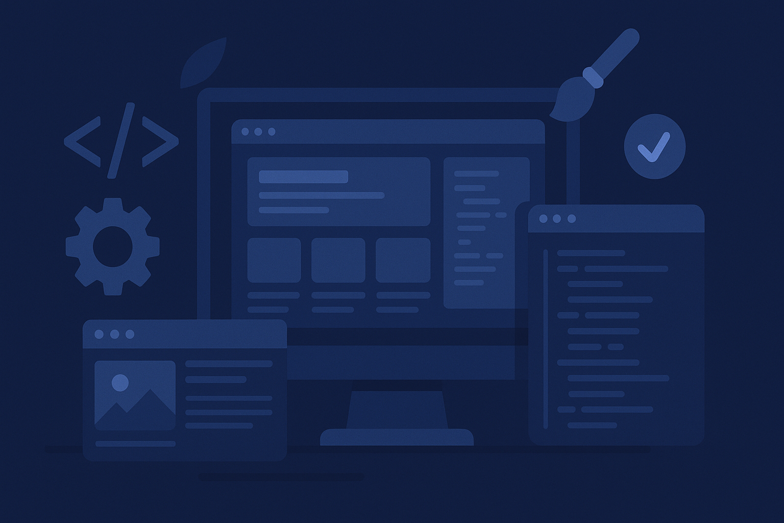Flat design illustration of web design and coding elements on a dark blue background, showing a computer monitor with code, browser windows, and design icons, representing a professional web development environment without any text.