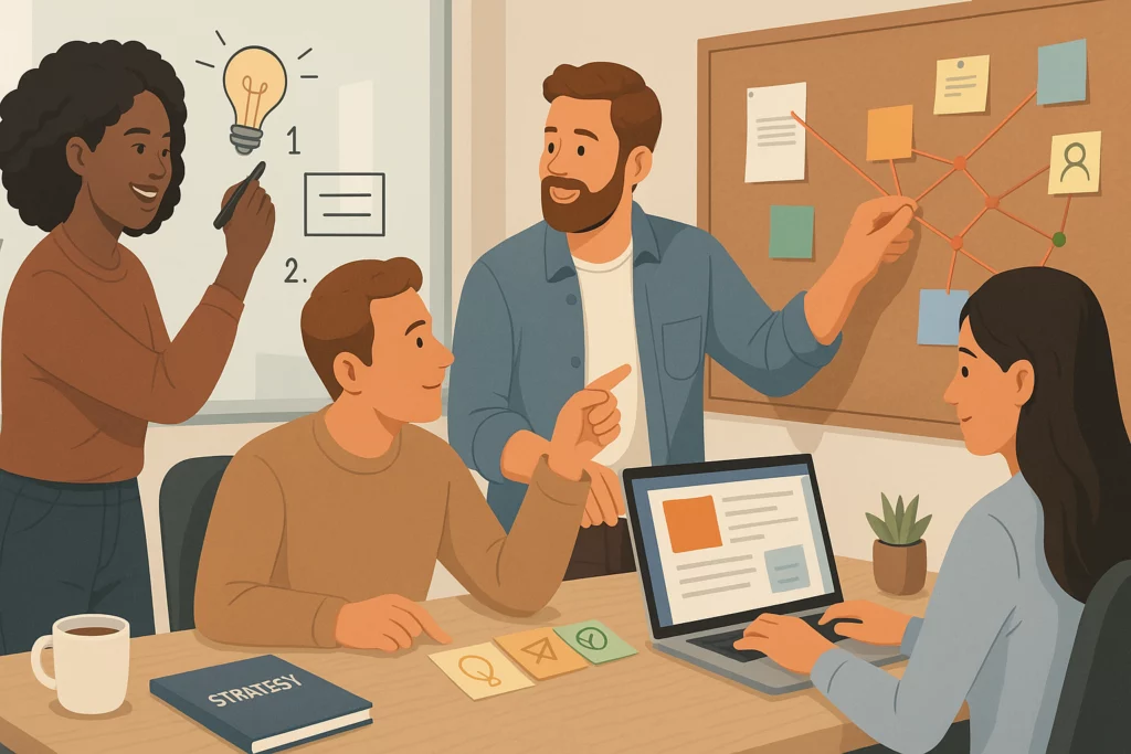 Creative marketing team collaborating in a modern office, developing a content strategy together.