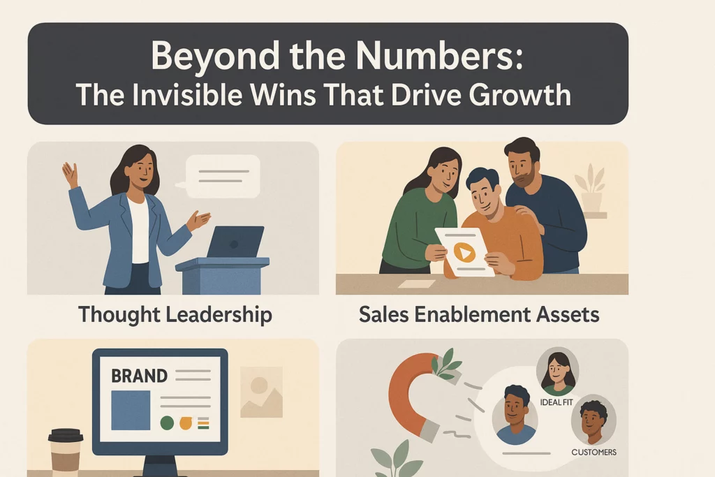 Infographic showing soft ROI in marketing: thought leadership, brand voice, and ideal-fit customers.