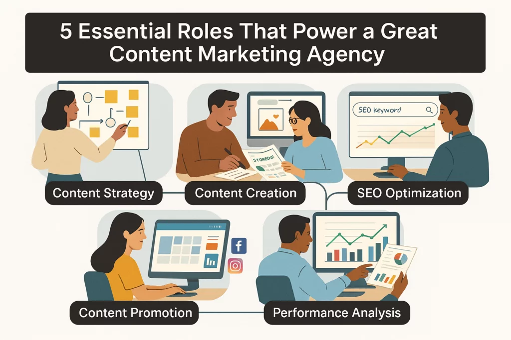 Five essential roles in content marketing agencies including SEO, strategy, and content creation.