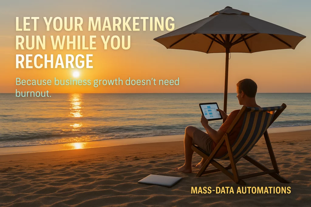 A relaxed beach scene at sunset with a person using a tablet under a parasol, representing the freedom and efficiency of marketing automation services running in the background.