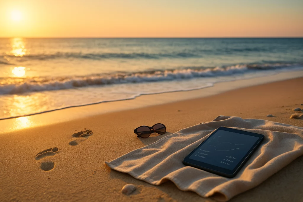 A tranquil beach at sunset with footprints in the sand, a tablet on a towel, and sunglasses nearby—symbolizing calm efficiency and marketing automation working in the background.