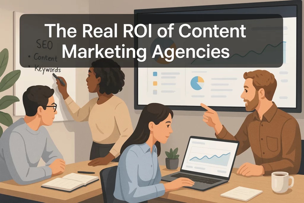 Marketing team collaborating on strategy and SEO — the real ROI of content marketing agencies.
