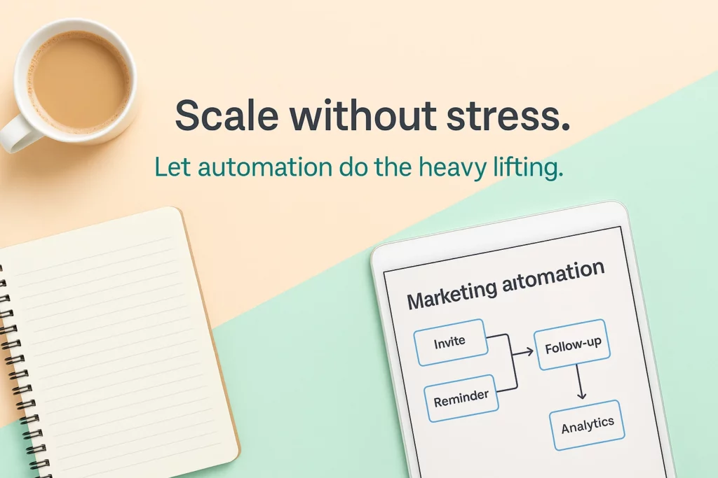 Flat lay image of a tablet with a marketing automation flowchart, notebook, and coffee cup, illustrating the concept of product events marketing automation.