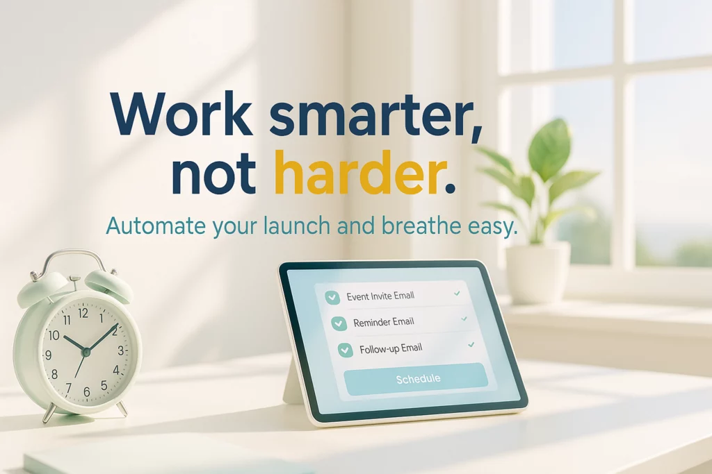 Workspace with a digital tablet showing an event email automation checklist, pastel clock, and plant in bright sunlight, visualizing product events marketing automation.