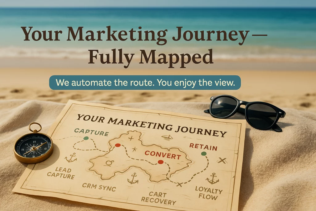 A top-down photo of a treasure map on a beach towel, showing a strategic path with labeled touchpoints like "Lead Capture" and "Retain", symbolizing how marketing automation services map out the customer journey.