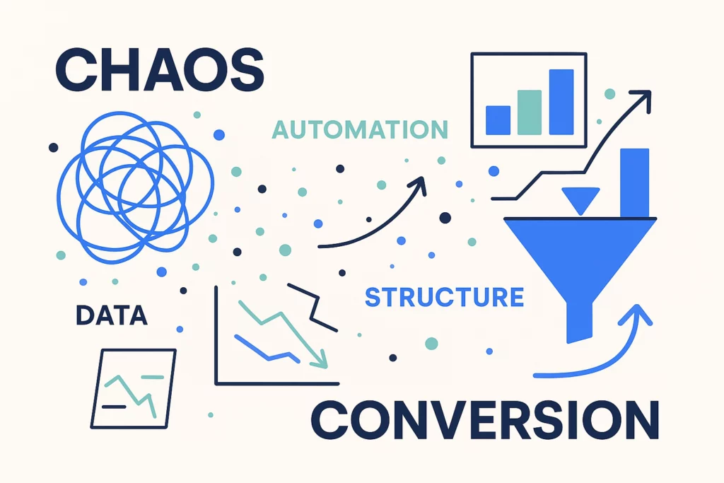 Visual metaphor of B2B marketing automation transforming chaos into conversion with charts, funnel and data flow