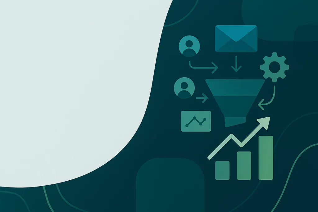 Flat-style digital illustration showing a B2B marketing automation funnel with charts, emails, and gears in Mass Data brand colors, designed for use as a featured image.