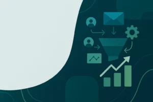 Flat-style digital illustration showing a B2B marketing automation funnel with charts, emails, and gears in Mass Data brand colors, designed for use as a featured image.