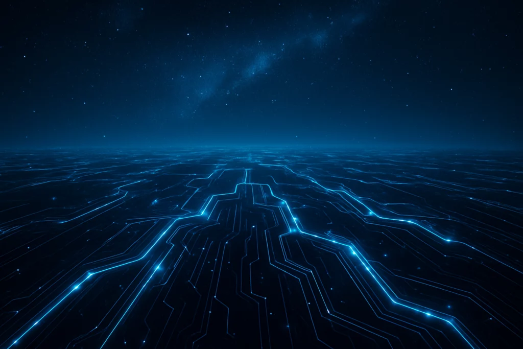 A futuristic digital landscape with glowing blue circuit-like pathways under a starry night sky, symbolizing advanced automation and technology.