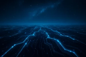 A futuristic digital landscape with glowing blue circuit-like pathways under a starry night sky, symbolizing advanced automation and technology.
