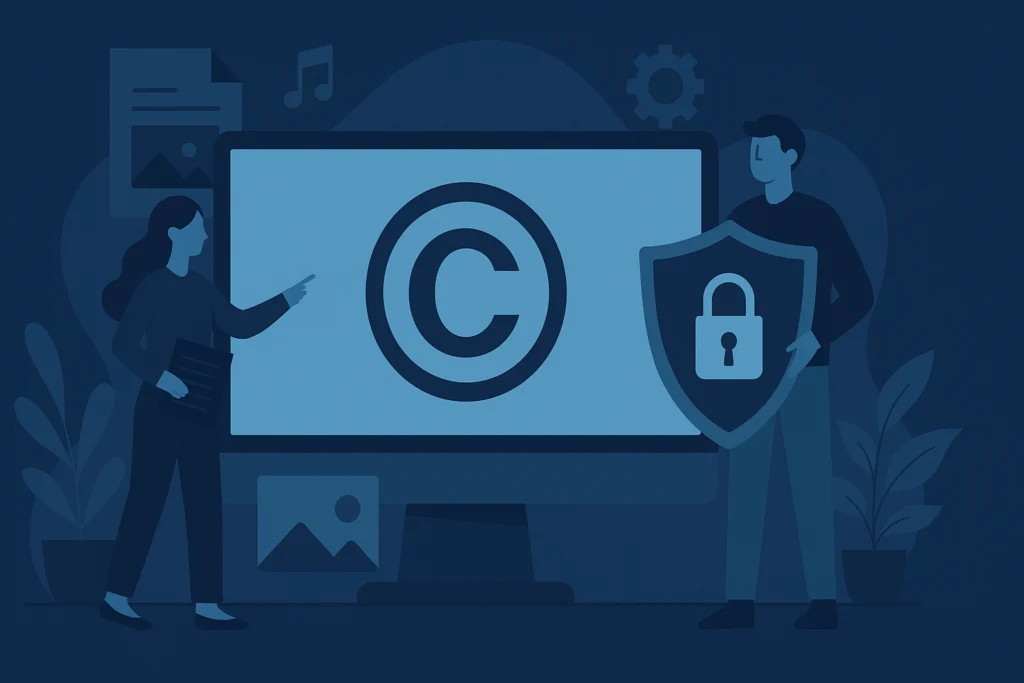 Stylized illustration of copyright protection with two business characters, a large © symbol, and a shield with a padlock, representing how to protect small business from copyright infringement.