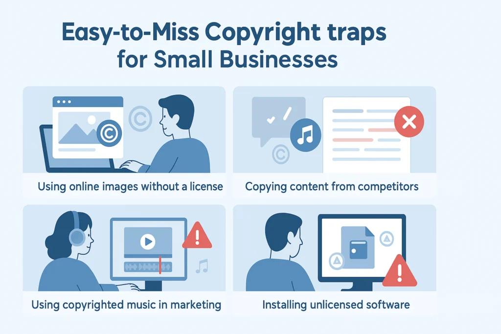 Infographic illustrating how to protect small business from copyright infringement issues, showing common mistakes like using internet images, copied content, unlicensed music, and software.
