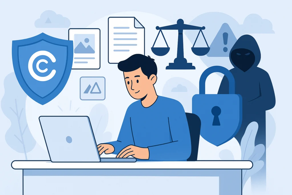 Illustration showing how to protect small business from copyright infringement with legal symbols, digital protection icons, and a business owner at work.