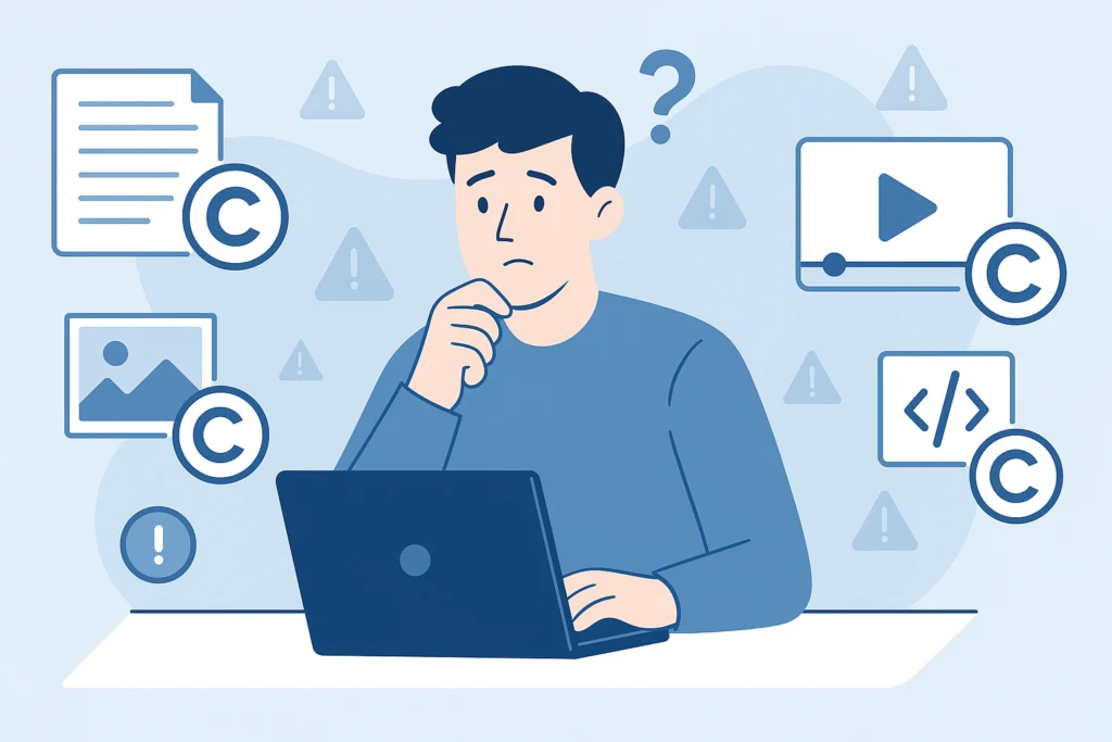 Confused small business owner surrounded by icons of copyrighted content, highlighting the hidden risks of unintentional copyright infringement.
