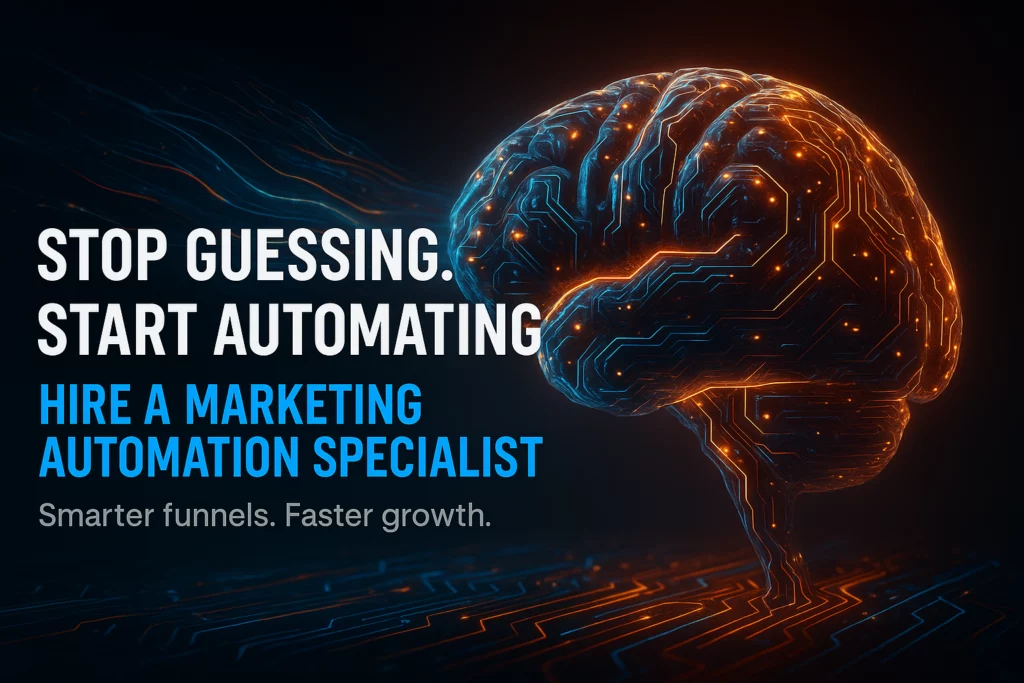 Digital ad visual showing a glowing circuit-based human brain with bold text promoting a marketing automation specialist and automated growth.