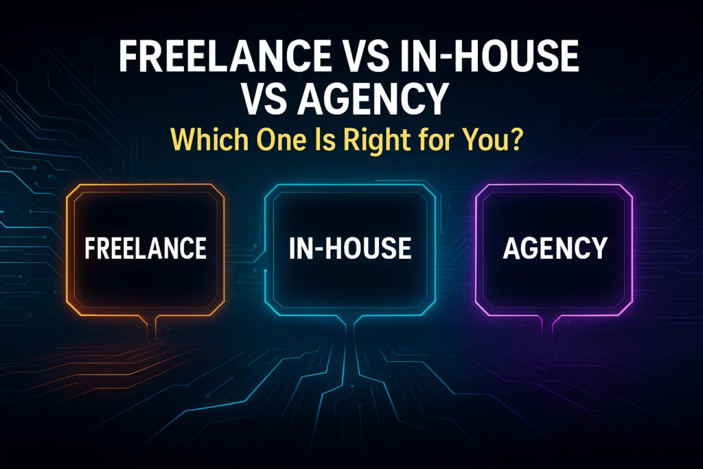 Digital comparison graphic showing Freelance, In-House, and Agency options for hiring a marketing automation specialist, with neon panels and circuit-inspired background.
