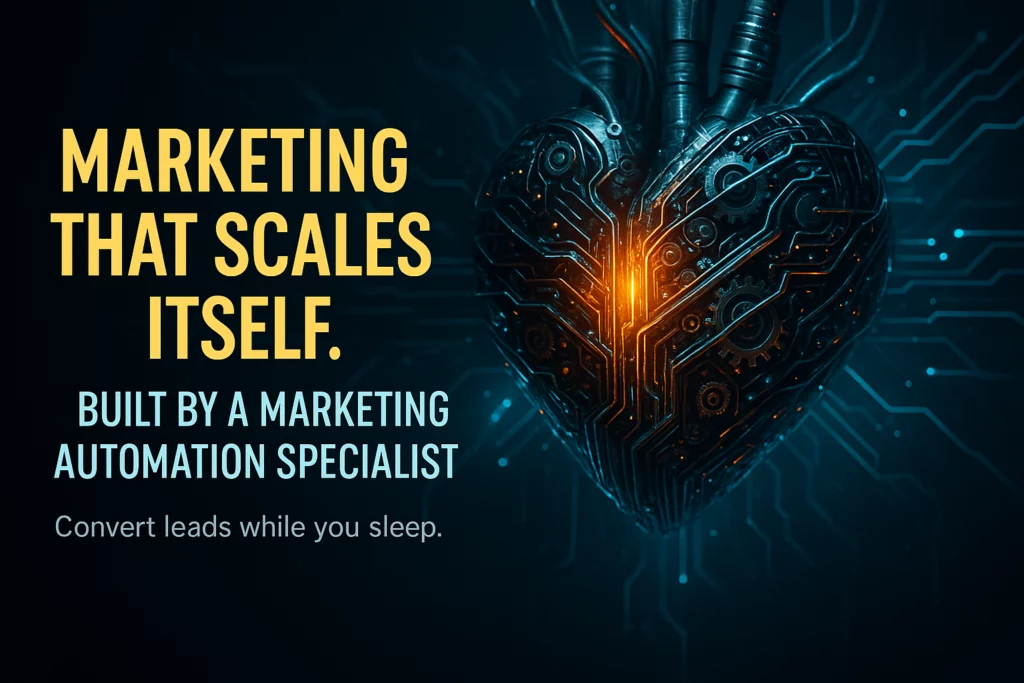 A glowing mechanical heart made of gears and circuits with bold text promoting a marketing automation specialist as the key to scalable lead generation.