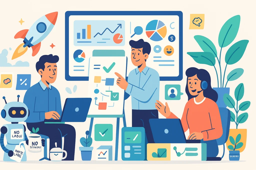 Flat-style digital illustration showing a vibrant agency workspace representing Mass-Data — with creative team members, charts, rocket icon, glowing checkmark, and a modern SaaS atmosphere — visually portraying a top digital advertising agency.