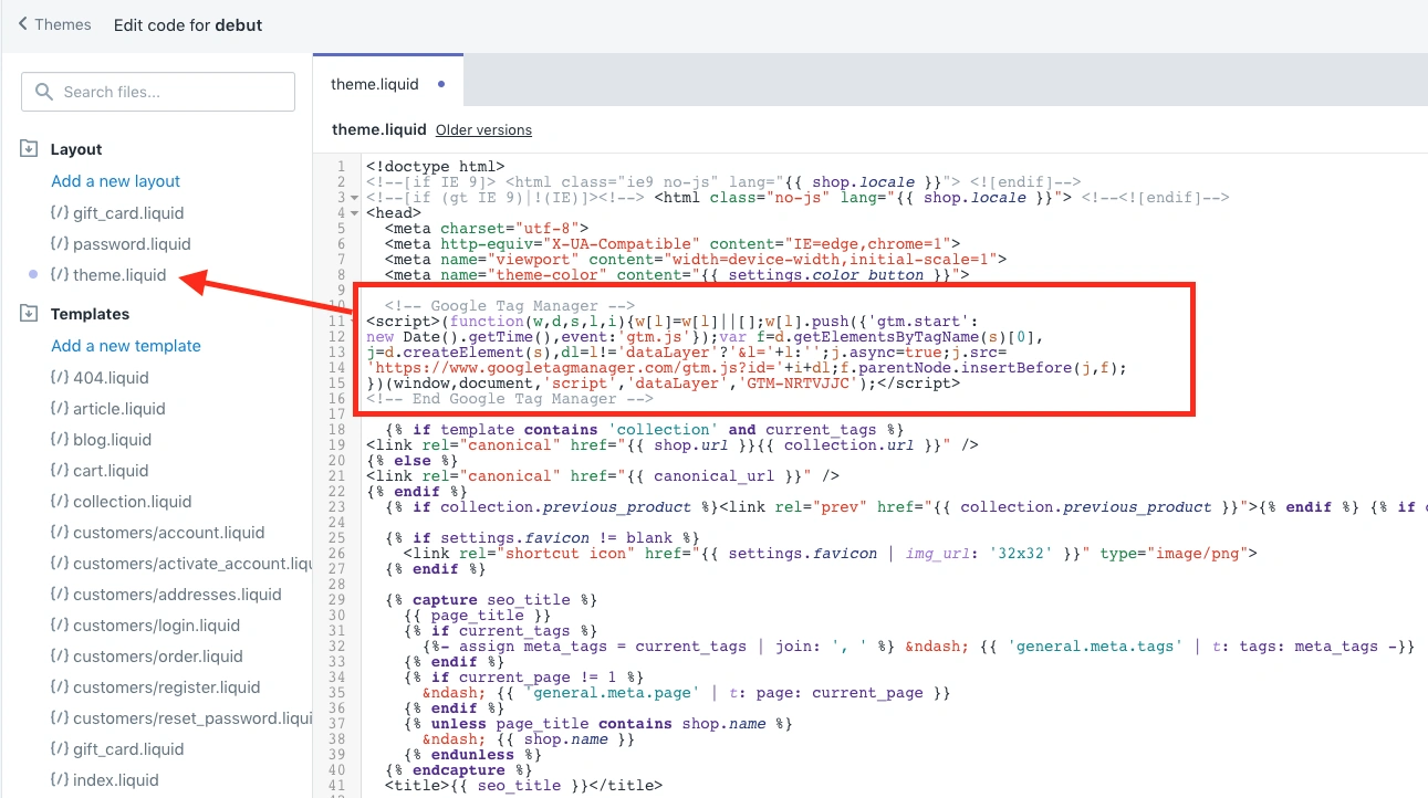 Google Tag Manager installation code in Shopify theme.liquid