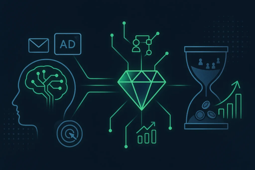 Visual representation of a marketing automation agency with brain, diamond, and hourglass icons showing growth