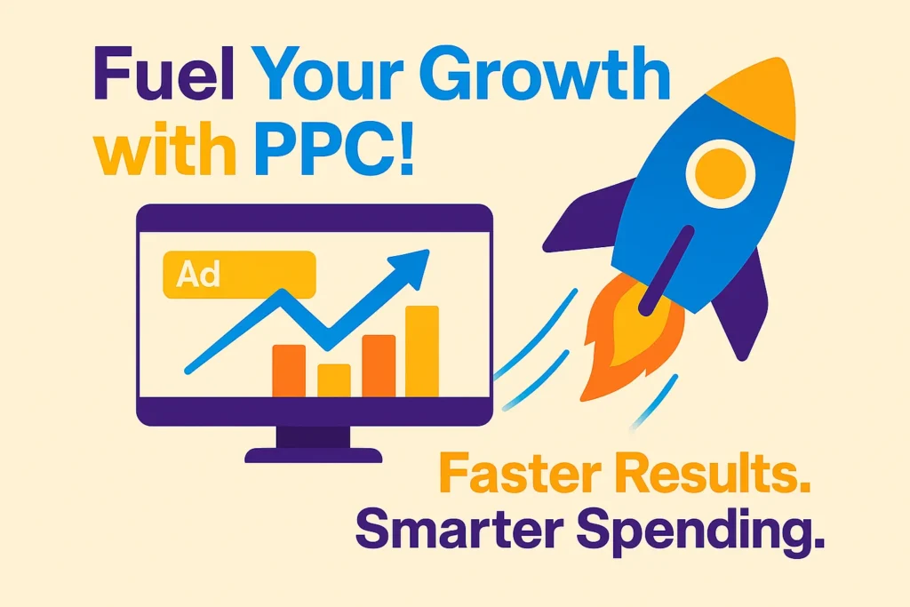 Flat digital illustration of PPC Search Engine Marketing showing a rocket and upward chart symbolizing fast business growth, with text “Fuel Your Growth with PPC!”.