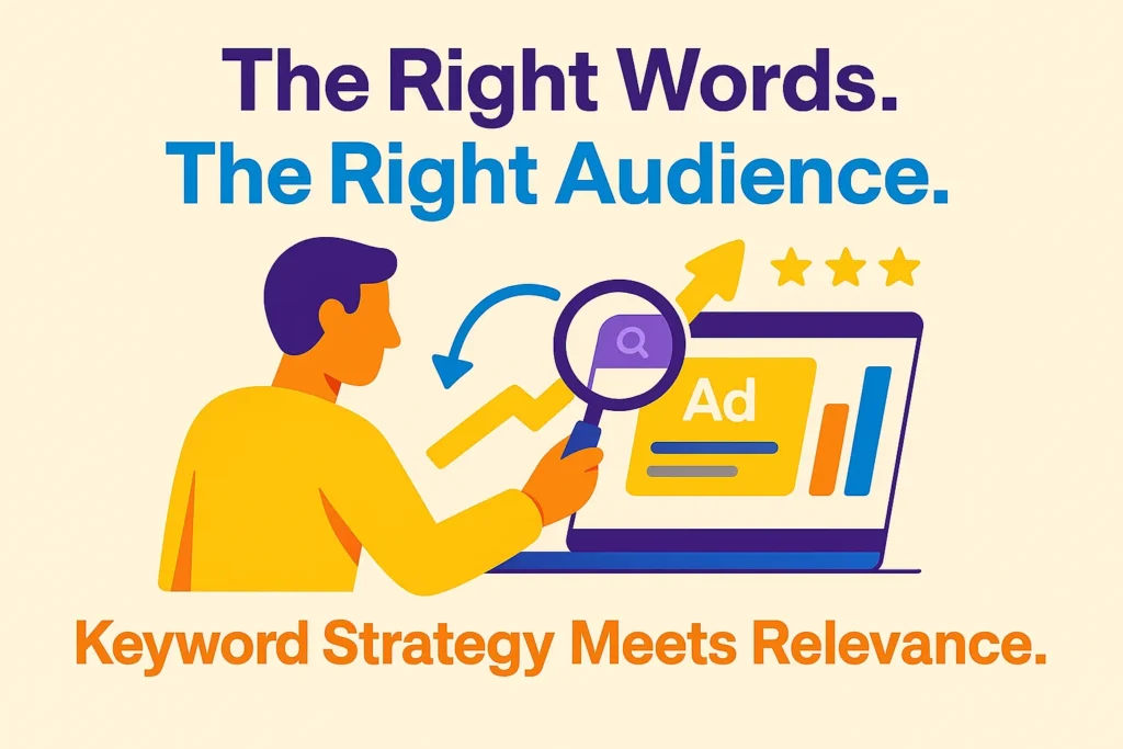 Flat digital illustration showing a marketer analyzing keyword data and ad performance on a laptop, symbolizing keyword strategy and ad relevance with text “The Right Words. The Right Audience.”