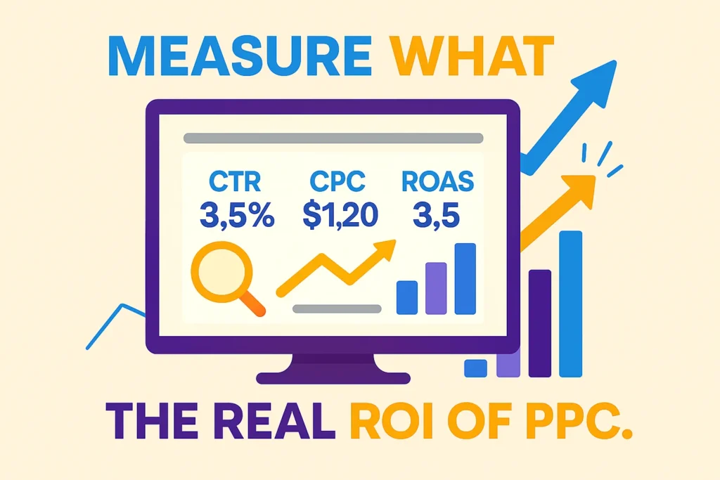 Flat digital illustration of a PPC Search Engine Marketing dashboard showing metrics like CTR, CPC, and ROAS with upward arrows and charts, symbolizing performance tracking and ROI measurement.