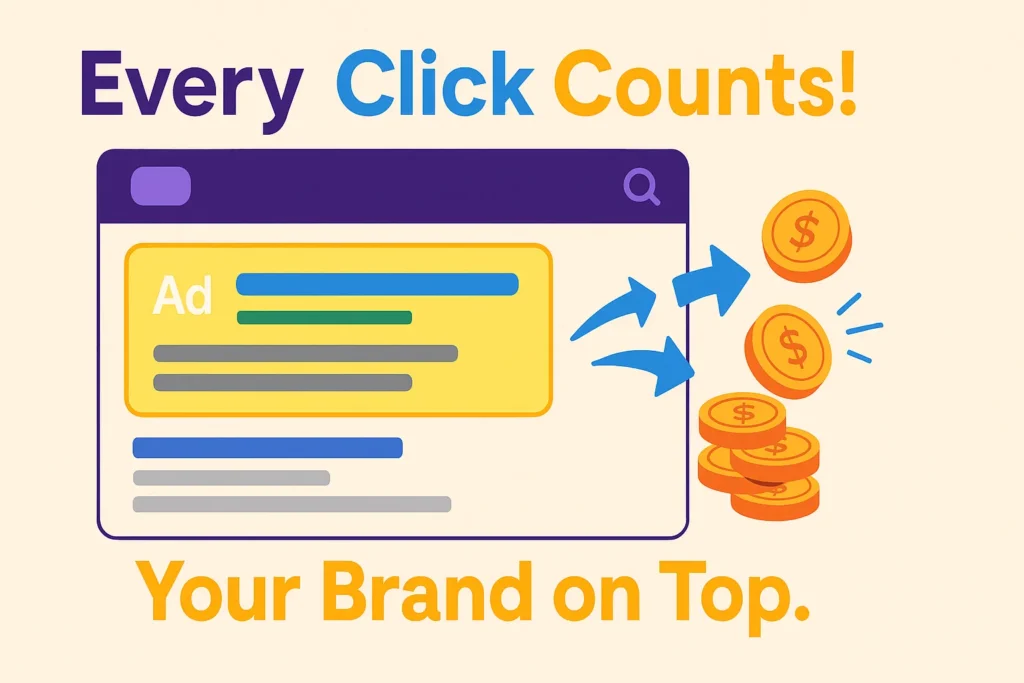 Illustration of PPC marketing showing a glowing ad on top of search results with coins turning into clicks, symbolizing business growth and brand visibility.