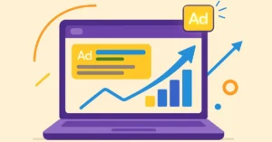 Flat digital illustration of a purple laptop displaying a PPC ad and upward graph with blue and orange arrows, symbolizing growth and success in PPC Search Engine Marketing.