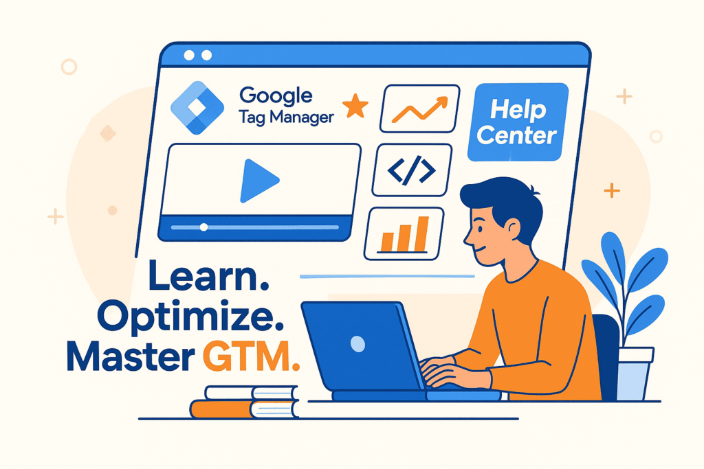 Google Tag Manager Consulting illustration showing marketer learning GTM tutorials on laptop with text Learn Optimize Master GTM.
