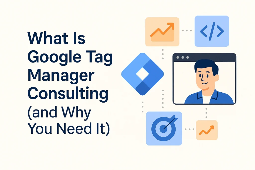 Marketing consultant fitting GTM puzzle piece into analytics dashboard illustration.