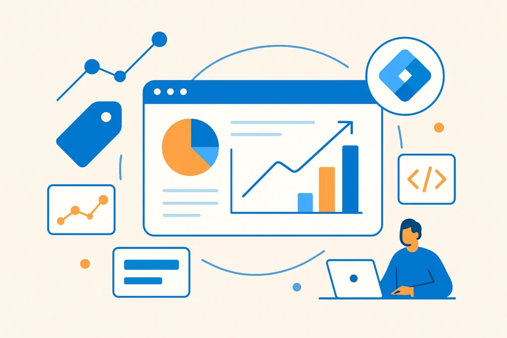 Google Tag Manager Consulting featured image showing data charts, GTM icons, and analytics dashboard in flat design.