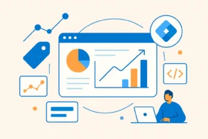 Google Tag Manager Consulting featured image showing data charts, GTM icons, and analytics dashboard in flat design.
