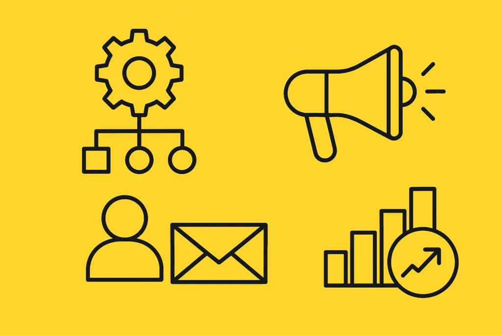 Benefits of marketing automation shown with workflow, user, email, megaphone and growth icons